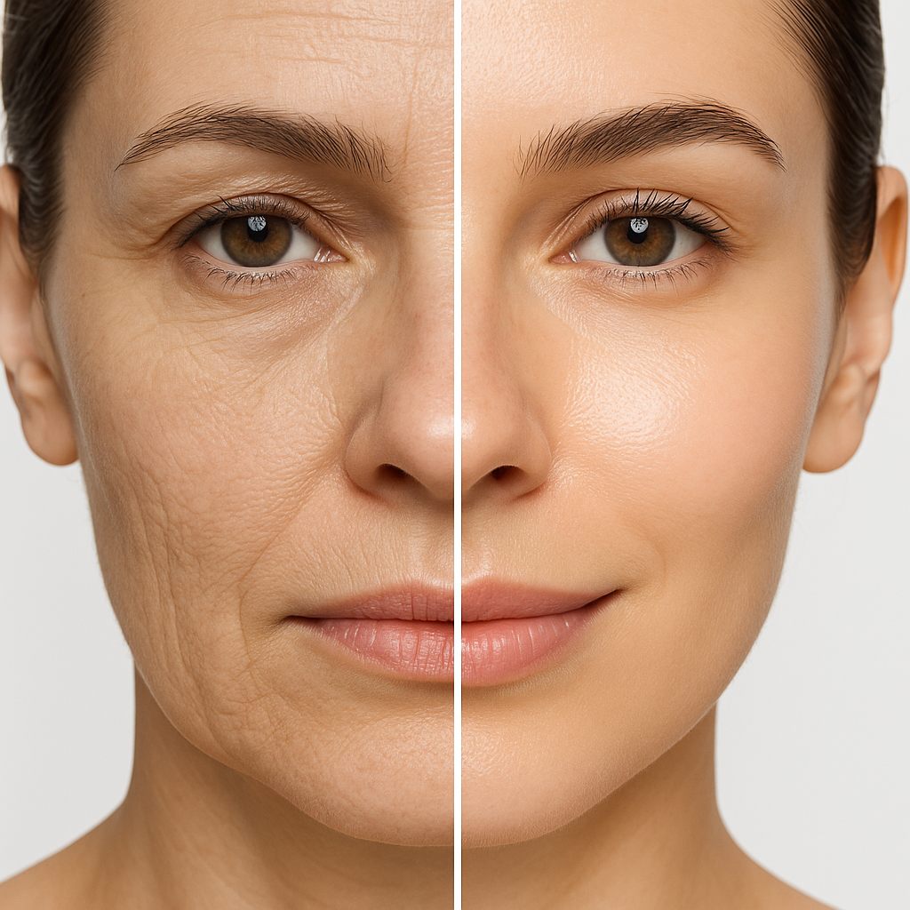 Before and after comparison of aged skin vs youthful rejuvenated skin
